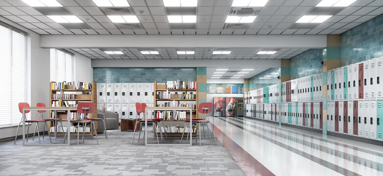 Long school corridor with white, red, green lockers and rest zone, 3d illustration