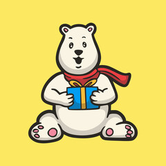 cartoon animal design polar bear holding gift box cute mascot logo