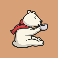 cartoon animal design Polar bear holding a cup of drink cute mascot logo
