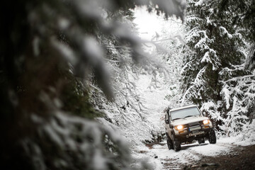 Off road car in snowy forest