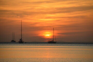 Sunset over the beaches on the untouced paradise island of Ko Phayam in the Andaman Sea, Thailand