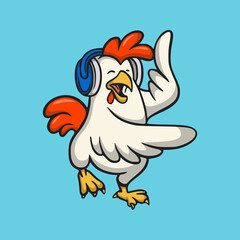 cartoon animal design rooster listening to music cute mascot logo