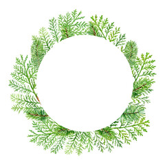 Fototapeta premium Watercolor christmas wreath, thuja tree branches, round evergeen frame for cards and invitations