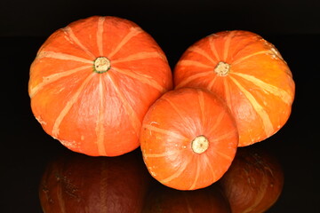 Ripe organic pumpkin, close-up, on a black background.