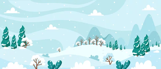 Foto op Plexiglas Snowy winter landscape with trees, mountains, fields. Countryside landscape. Winter background. Vector illustration in flat style. © Amahce
