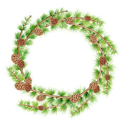 Watercolor christmas wreath, larch tree branches, round evergeen frame for cards and invitations