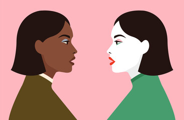 Two women stand in profile. Sisterhood. Community of girls of different nations. Vector flat illustration