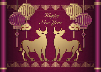 Fototapeta na wymiar 2021 Happy Chinese new year of ox golden purple reliefpeony flower lantern cloud and lattice frame on a vintage scroll.