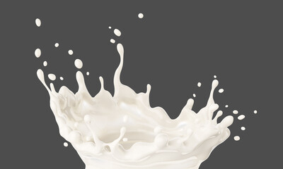 Milk yoghurt splash crown. Dairy product flow pouring with falling drops, yogurt sweet cream drink. Food beverages. Isolated on gray background. Clipping path included. 3d illustration.