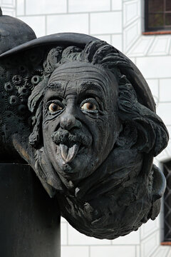 Ulm, Germany. Head of Albert Einstein, the fragment of Albert Einstein monument-fountain.