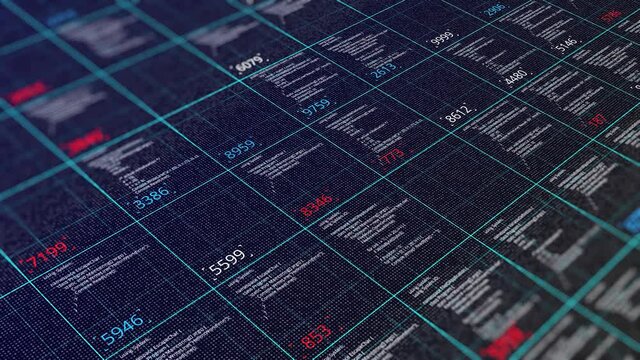 Abstract programming code, technological background. Animation. Software development and flowing computer script chart showing big data connectivity.