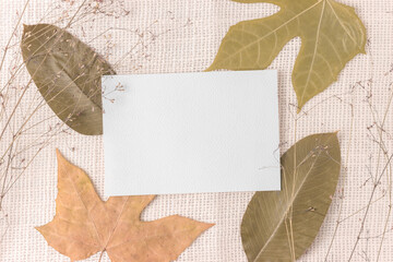 Empty white paper on table with leaves