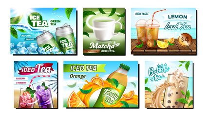Ice Tea Creative Promotional Posters Set Vector. Orange And Lemon, Strawberry And Blueberry, Green And Fruit Tea Blank Packages Advertising Banners. Style Color Concept Template Illustrations