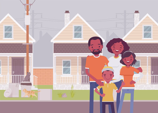 Happy Black Family Standing In Front Of Own House. Homeowner Dream, Property, Apartment Building For Parents, Kids, Real Estate, Home Cottage Mortgage Agreement. Vector Flat Style Cartoon Illustration