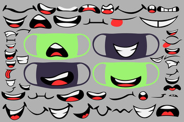 Large set of cartoon mouths. Images for medical masks and other purposes.