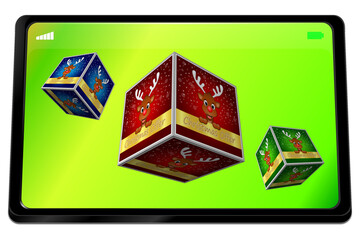 Tablet computer with Christmas Offer Cubes with reindeer - 3D illustration