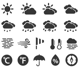 Weather Forecast symbols day set simple flat icons isolated on white background. Weather report symbols.