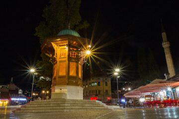 Night view of the historic fountain Sebilj in the Old Town of Sarajevo. Bosnia and Herzegovina
