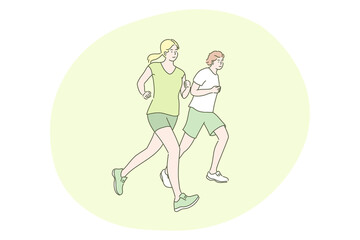 Fototapeta na wymiar Sport, jogging, workout concept. Young happy couple man woman athletes runners cartoon characters running at park together. Summertime recreation fitness and active training lifestyle illustration.
