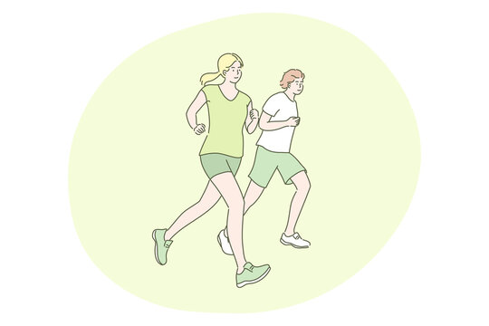 Sport, jogging, workout concept. Young happy couple man woman athletes runners cartoon characters running at park together. Summertime recreation fitness and active training lifestyle illustration.