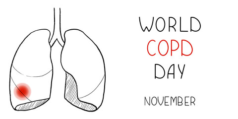 Banner or poster for World COPD Day. Human lungs outline with dot of pain and illness, inscription on white. Medical illustration on health awareness campaign for Chronic Obstructive Pulmonary Disease