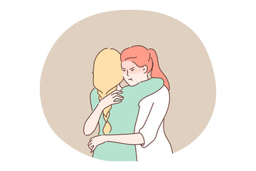 Jealousy, envy, hypocrisy concept. Envious jealous woman with dissatisfied angry facial expression embracing friend thinking about deceit. Distrust deception between close relatives false friendhip