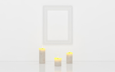 White frame with candle on white background 3d rendering. 3d illustration Modern picture frame, Empty white border frame, Blank picture frame on white wall template minimal concept.