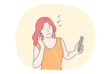 Woman listening to music concept. Young happy smiling girl teenager cartoon character holding smartphone enjoys musical songs sound in headphones and having fun. Leisure time and home recreation.