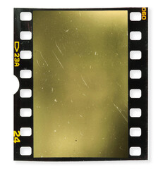 single 35mm film snip or frame on white background with small scratches and yellow tint.