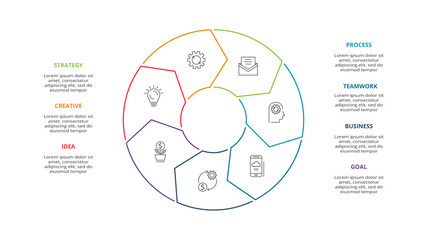 Line arrows of graph, diagram with 7 steps, options, parts or processes. Vector business template for presentation