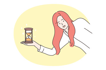Time management, business concept. Young smiling businesswoman clerk manager cartoon character standing with sand glass clock looking at camera. Work delay countdown or project deadline illustration.
