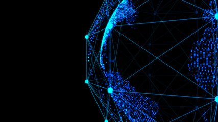 3d wireframe globe made of dots on a black background. Tech background. 3d rendering