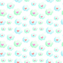 Cute white clouds with hearts vector seamless pattern. Beautiful cloudlets with tiny hearts cartoon illustrations. Wedding presents, sweethearts gifts, Saint Valentines day wrapping paper design