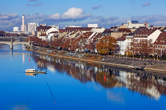 Elevated view of the skyline of 'Altstadt Kleinbasel' district overlooking the River Rhine in Basel