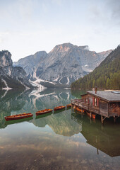 Lake Prags, Lake Braies Italian: Lago di Braies lake in the mountains south tyrol 