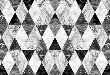 Fototapety  Czarno-biały marmur w formie rombu ze srebrnym obramowaniem. Abstrakcja geometryczna. Płytka marmurowa, plakat modowy na tekstylia, tkaniny, tapety, plakaty
