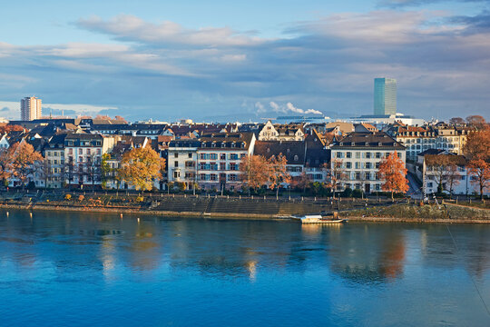 Elevated view of the skyline of 'Altstadt Kleinbasel' district overlooking the River Rhine in Basel