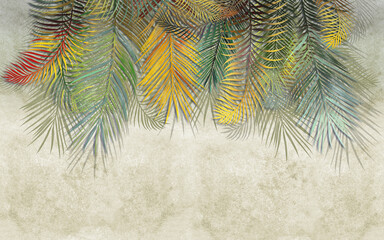 Colorful tropical leaves hanging from above against the textured wall. In the green and ochre tones. Fresco, Wallpapers for interior printing. - obrazy, fototapety, plakaty