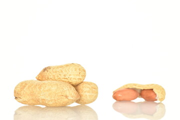 Unpeeled organic peanuts, close-up, on a white background.
