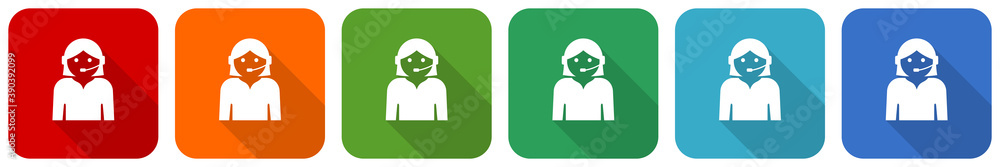 Poster Call center icon set, flat design vector illustration in 6 colors options for webdesign and mobile applications