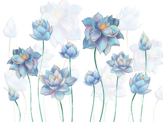 Digital illustration of pale blue Lotus flowers on white background. Mural, Mural mural for interior printing.