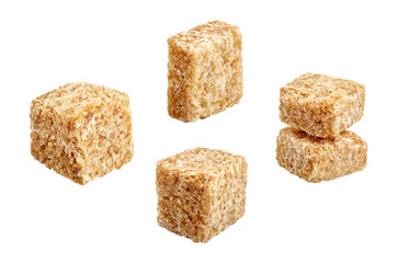 Brown cane sugar cube set isolated on white background. Food cooking design elements composition, focus stacking, full depth of field macro. Natural texture cubes of sweet cane demerara sugar close up