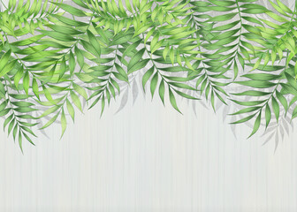 Green tropical leaves hanging from above on a textured wall on a light gray background. Fresco, Wallpaper for interior printing.