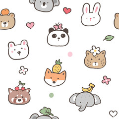 Seamless Pattern with Cute Animal Face Design on White Background