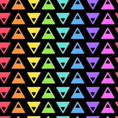 Vector geometric rainbow pattern with colorful triangles on black background. Seamless pattern can be used for wallpaper, pattern fills, web page background, surface textures.