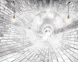 Fototapety  Okrągły tunel 3D z białej cegły z oświetleniem. Druk do wnętrza, Tapeta do domu, fresk