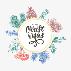 Christmas Poster - Illustration. Lettering Vector illustration of Christmas Frame with branches of christmas tree.