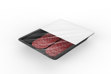 Plastic Tray W/ Sliced Winter Salami Mockup isolated on white background. 3d illustration