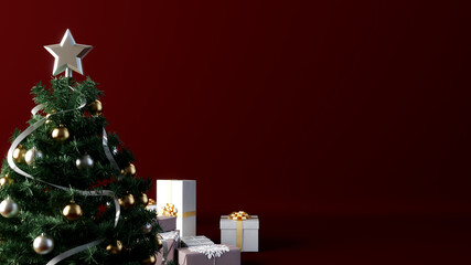 decorated christmas tree and gift boxes on dark red background, 3D illustration concept