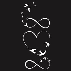 Black line heart, infinity sign, flying birds. Vector illustration sign.